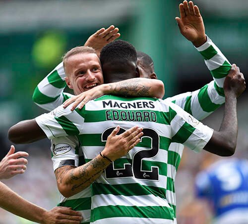 CELTIC FC CELTIC PARK - GLASGOW Celtic's Leigh Griffiths celebrates with goalscorer, Odsonne Edouard.