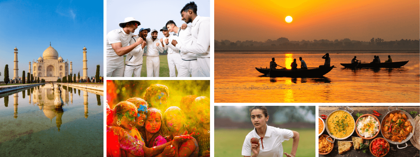 collage of indian landmarks and cricket